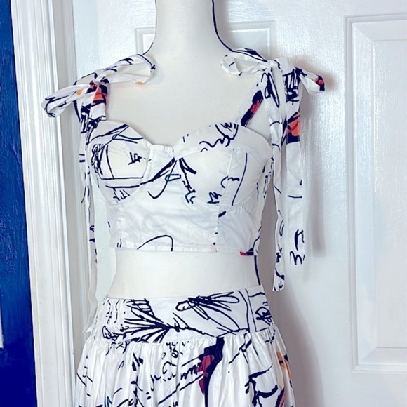 NWT 2Pcs Printed Outfit V-Neck Crop Top & Big Swing Skirt Set Boho Maxi - Picture 3 of 13